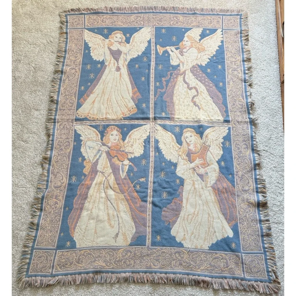 VTG Goodwin Weavers Angels Holiday Cotton Tapestry Throw Blanket Made In USA